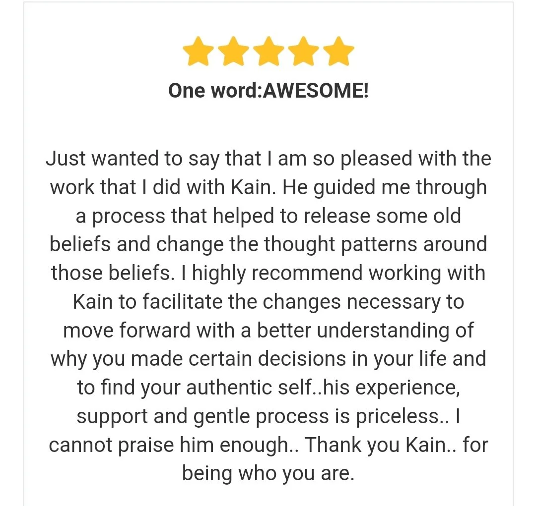 A five-star rating graphic with the title 'One word: AWESOME!' followed by a positive review praising a person named Kain for their guidance and support in a personal development process.