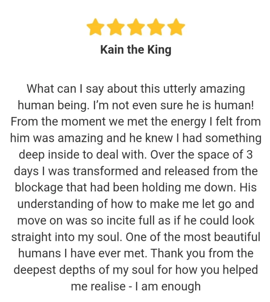 Five yellow stars, titled 'Kain the King,' with a heartfelt message praising an amazing human being for their positive energy and transformational impact.