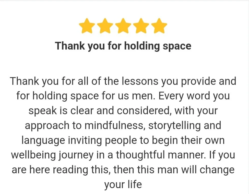 Five yellow stars above a thank you message for holding space, expressing gratitude for lessons, mindfulness, storytelling, and language that promote wellbeing and positive change.