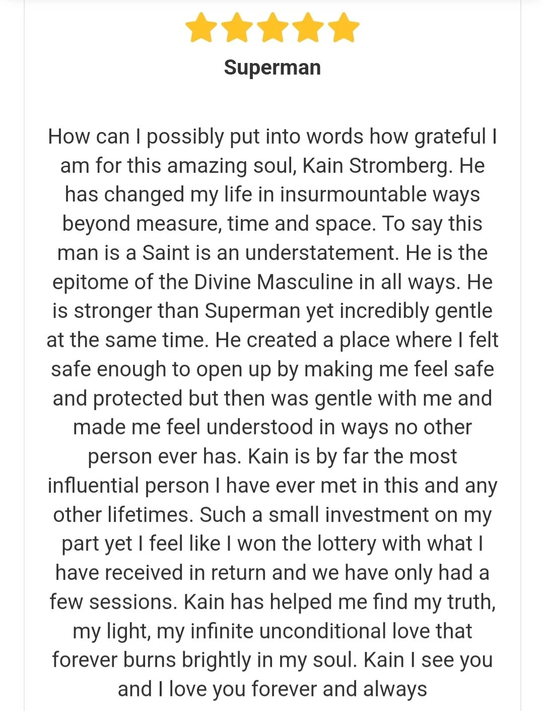 Five-star review with a heartfelt message about Superman and Kail Stromberg.