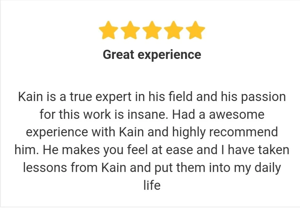 Five gold stars above a review titled "Great experience" and a detailed positive testimonial about a person named Kain, praising his expertise and passion for his work.