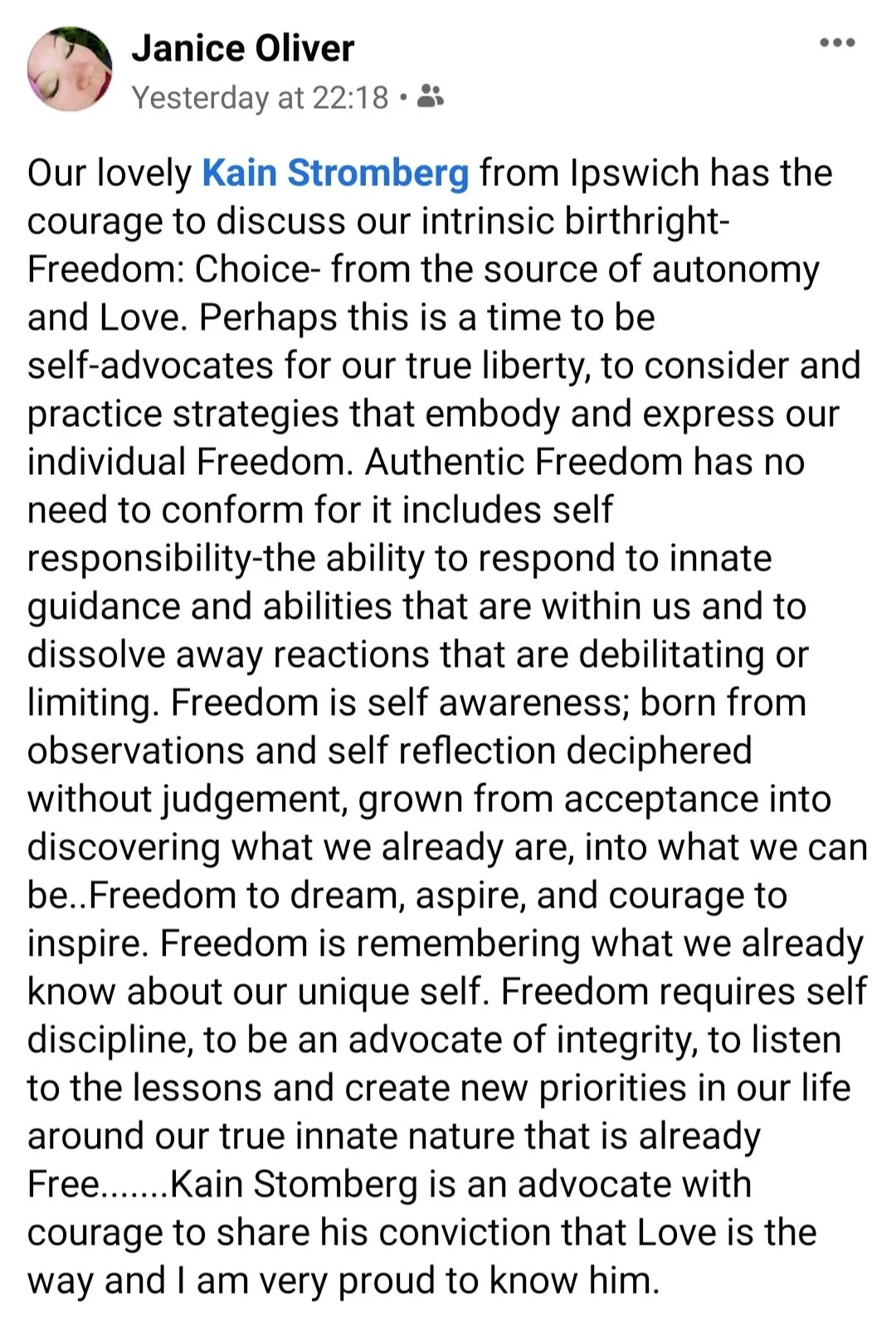 Facebook post praising Kain Stromberg for discussing intrinsic birthright freedom and self-advocacy.