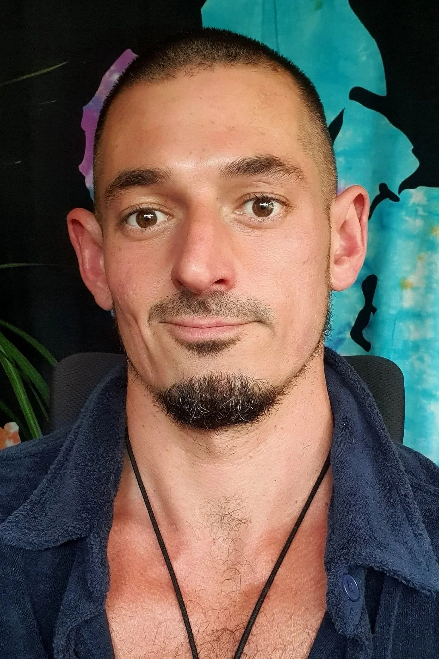 A man with short dark hair, a goatee, and light skin smiling slightly, sitting in front of a colorful abstract background.