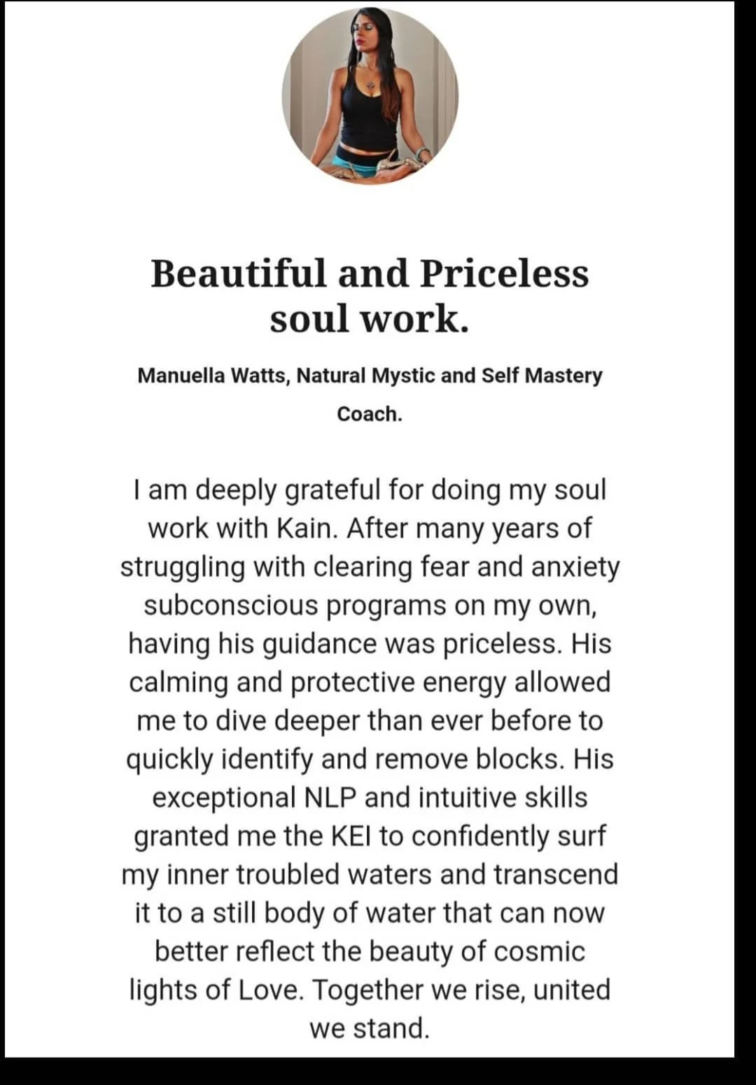 A promotional poster for a soul work coach, featuring a photo of a woman with long dark hair, wearing a black tank top and colorful shorts, standing in a room with neutral background. The poster includes a personal message of gratitude and descriptio