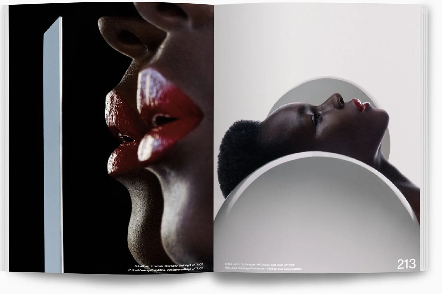 Vergleich zweier Beautybilder: links ein close-up eines Lippenstrichs mit rotem Lipstick, rechts ein seitliches Porträt einer Frau mit dunkler Haut und geschlossenden Augen, liegend auf einem weißen runden Objekt.