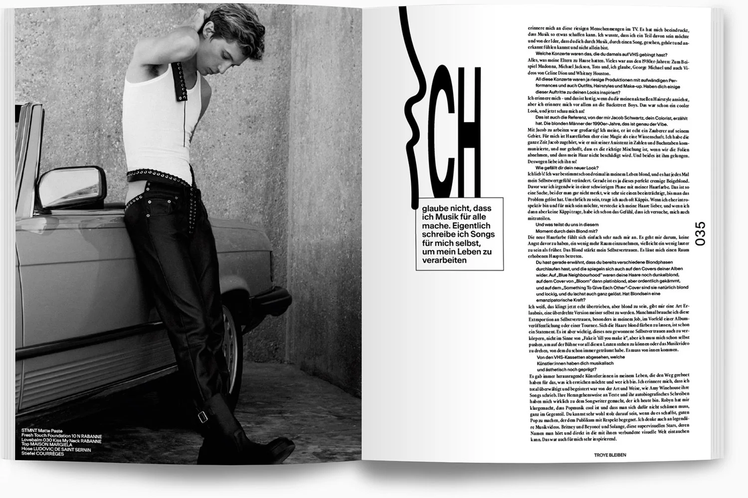 Junge Frau steht an einem Auto und trägt weiße Top und schwarze Hosen, auf dem linken Bild zu sehen. Rechts befindet sich eine Seite mit Text in deutscher Sprache.