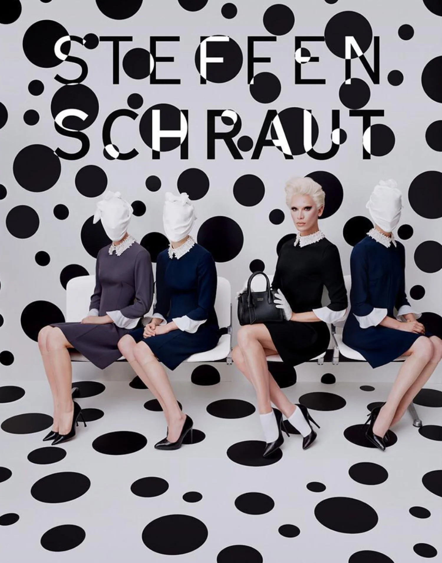 Artwork featuring four fashionably dressed women with white head coverings, seated against a black and white polka dot background, with the text 'STEFFEN SCHRAUT' displayed above them.