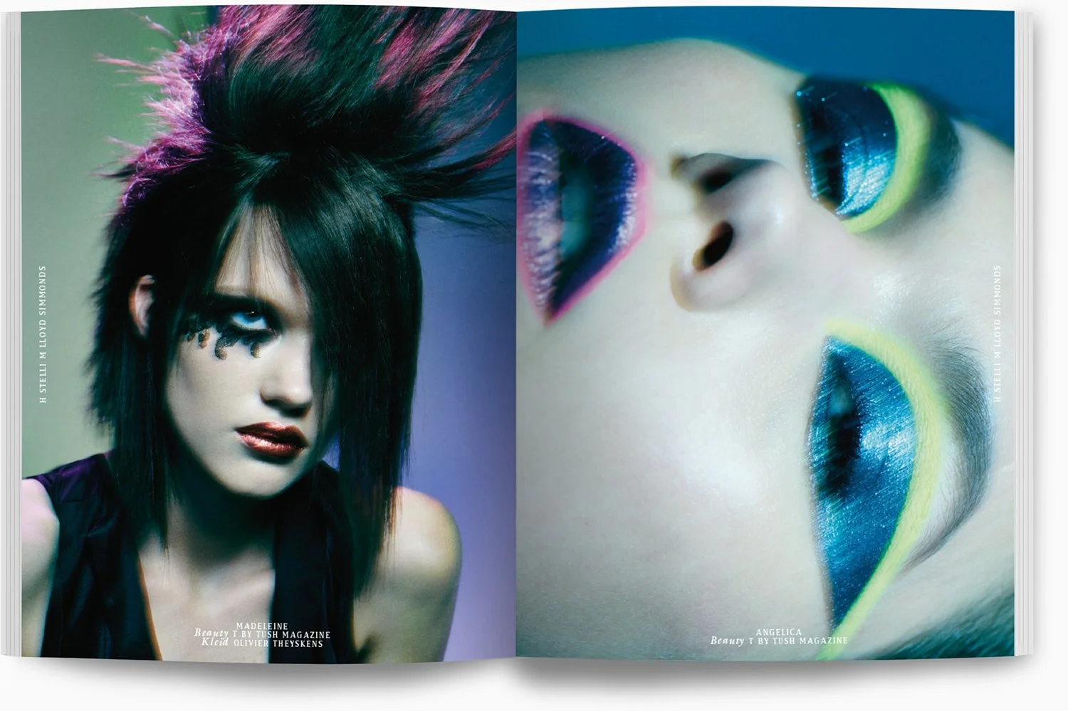 Zwei Close-up-Bilder: auf der linken Seite ein Model mit schwarzem, gestyltem Haar, dunklem Makeup und Glitzeraugen, auf der rechten Seite ein Modell mit buntem Make-up in blauen und gelben Tönen, Lippen in dunkler Farbe.