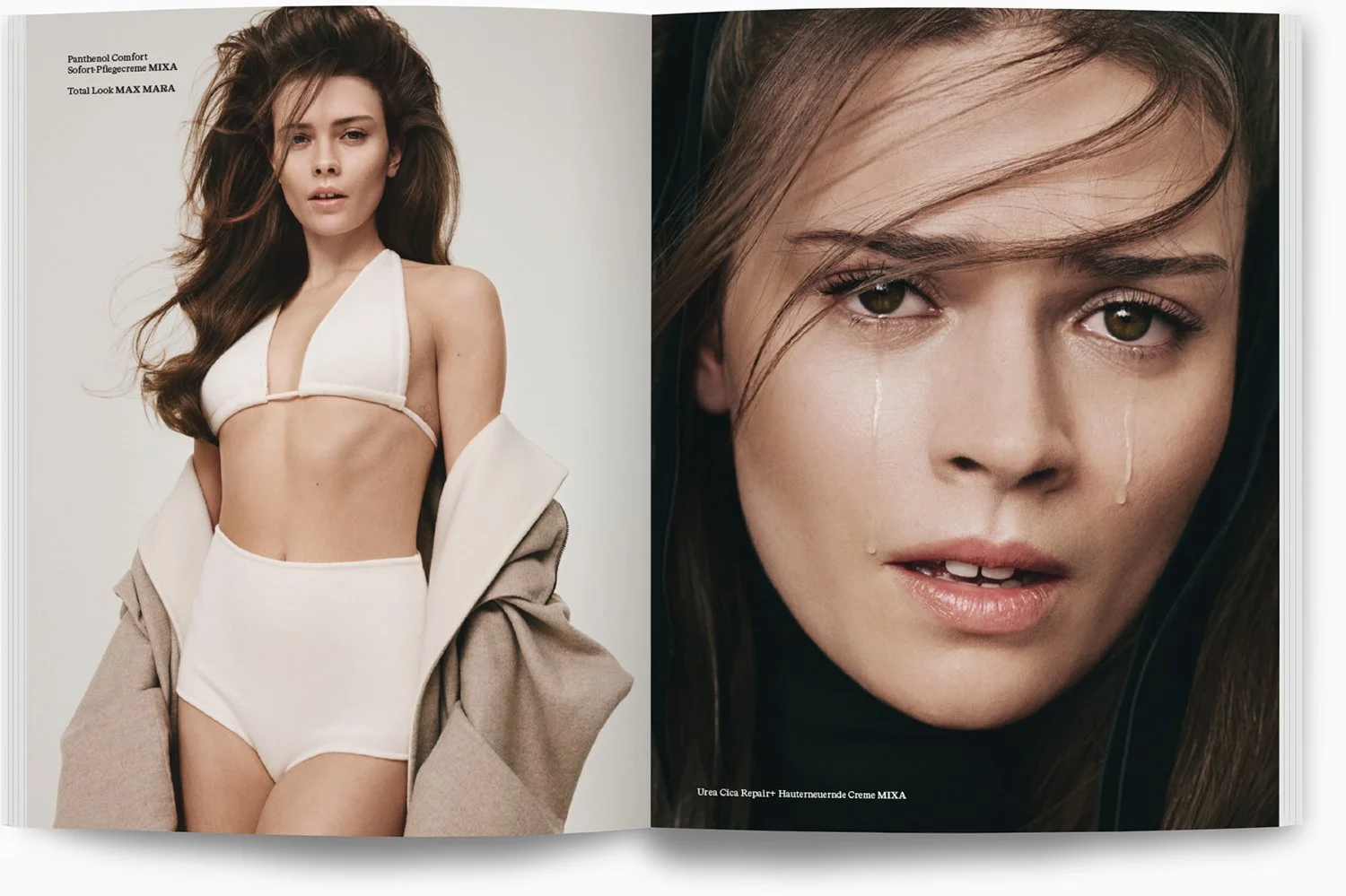 Doppelseitiges Magazin mit Model auf der linken Seite in weißer Unterwäsche und beige Mantel, auf der rechten Seite close-up eines Mädchengesichts mit Tränen, dunklem Haar und dunklem Hintergrund.