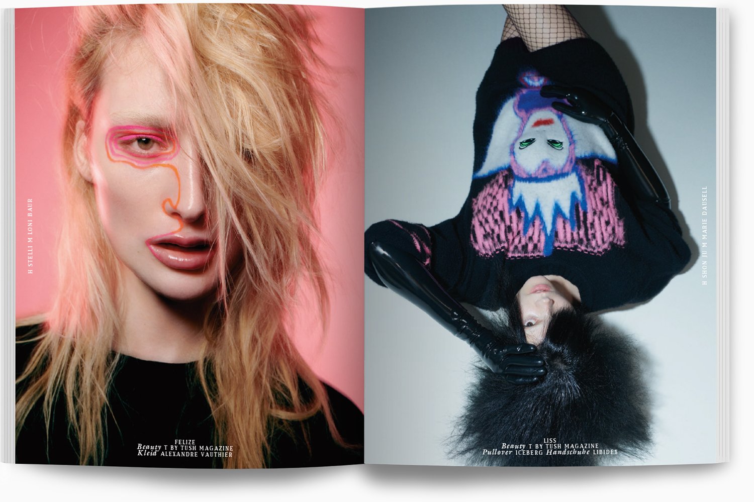 Zwei Modefotos in einem Magazin, eine links mit blonder Frau mit auffälligem Make-up und pinkem Hintergrund, eine rechts mit schwarzer Frau in dunkler Kleidung und einer bunten, leidenschaftlichen Stickerei auf dem Pullover, beide Modelle in künstler