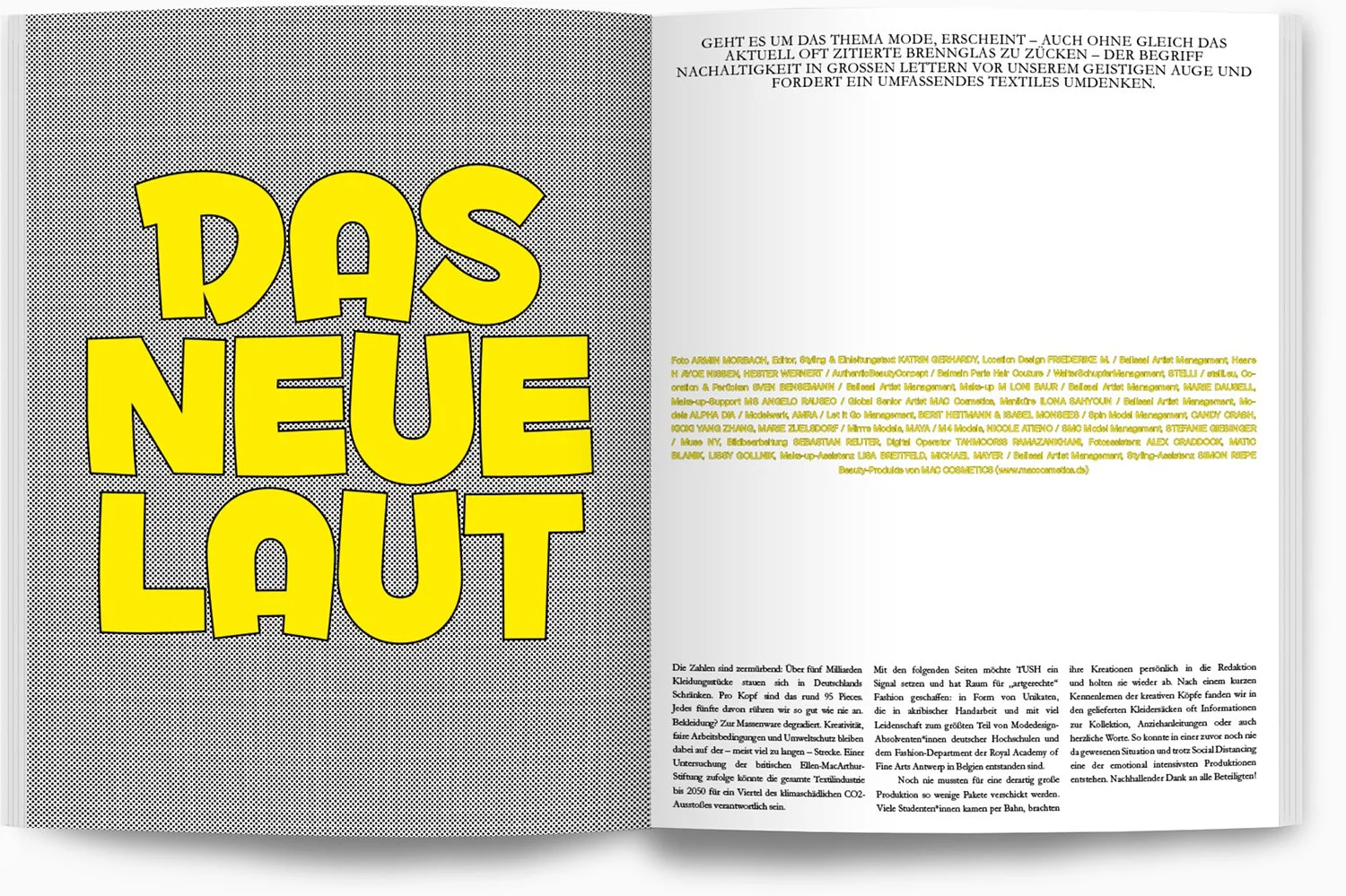 Zweiblaetter mit einem großen, gelben, comicartigen Titeltext 'DAS NEUE LAUT' auf der linken Seite und einem Textblock auf der rechten Seite.