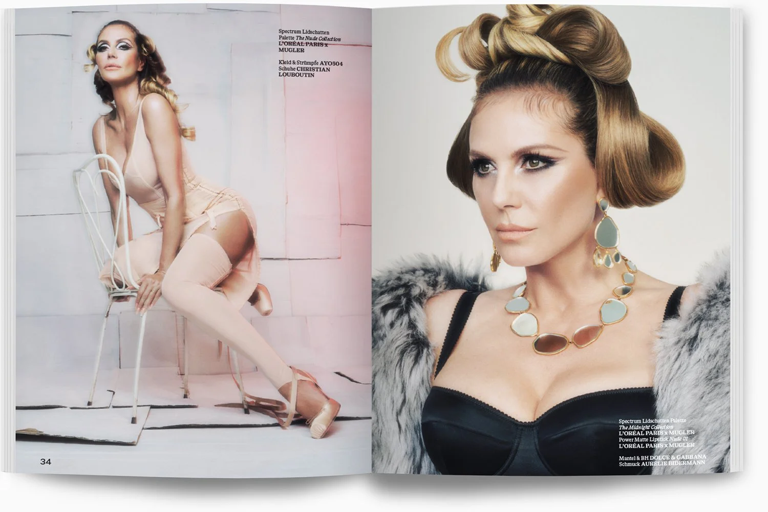 Doppelbild aus einem Magazin mit einer Frau im linken Bild, die auf einem Stuhl sitzt und in die Kamera blickt, und einer Frau im rechten Bild, die Porträtaufnahme trägt, mit auffälligem Make-up, Lockenfrisur und Schmuck.