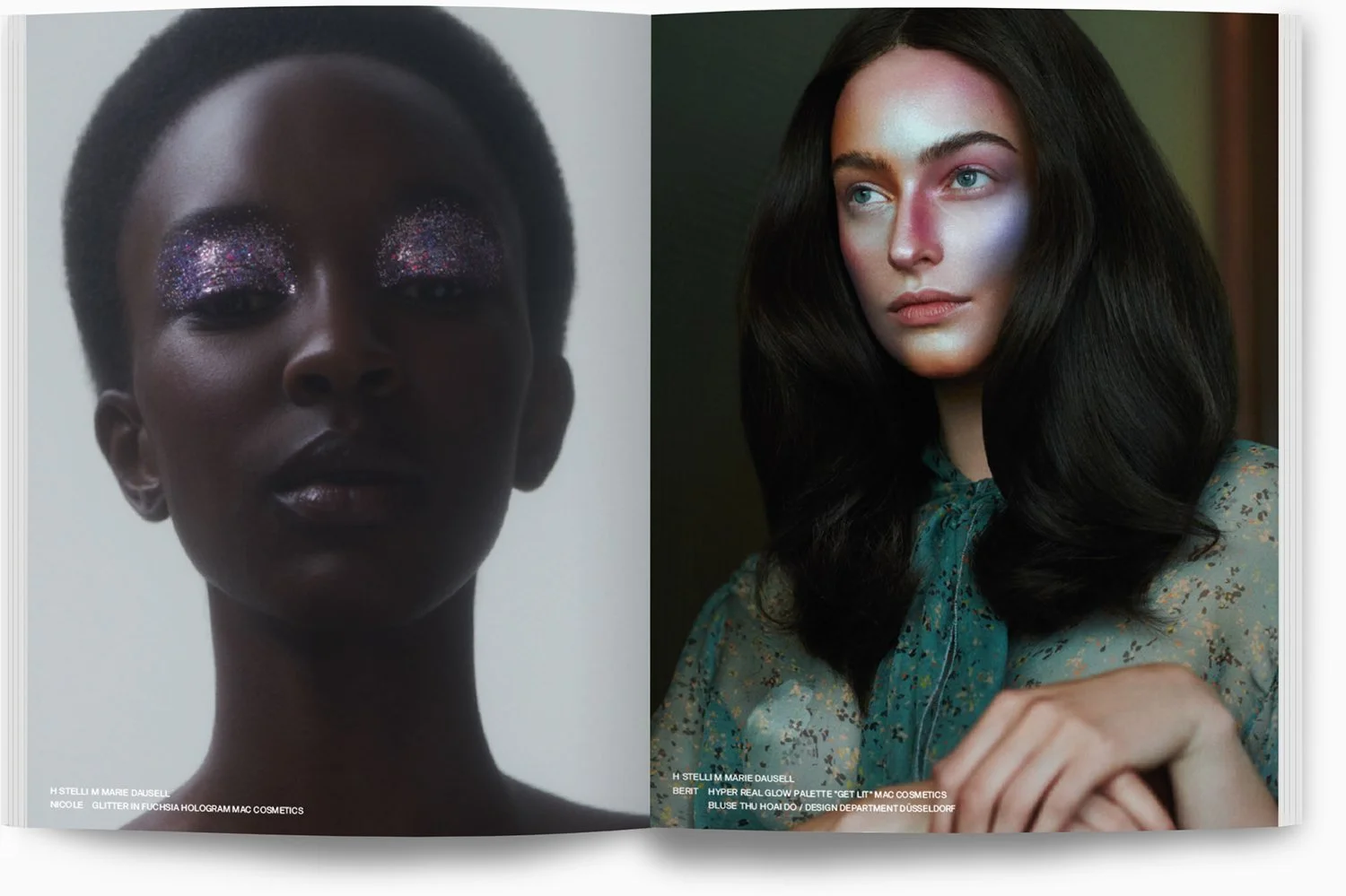 Zwei Frauenporträts, links eine schwarze Frau mit holografischem Glitzer-Make-up auf den Augen, rechts eine weiße Frau mit natürlichem Make-up und schwarzen Haaren, in einem blumigen Kleid.