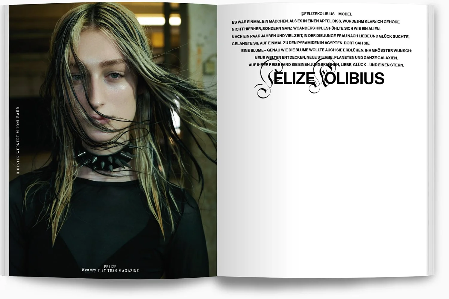 Doppelblatt-Layout mit Porträt einer jungen Frau auf der linken Seite, die schwarze Kleidung trägt und eine schwarze Nieten-Kragen-Accessoire trägt. Der Text auf der linken Seite lautet: "H. HESTER WERNERT M. LONI BAUR". Auf der rechten Seite ist ein