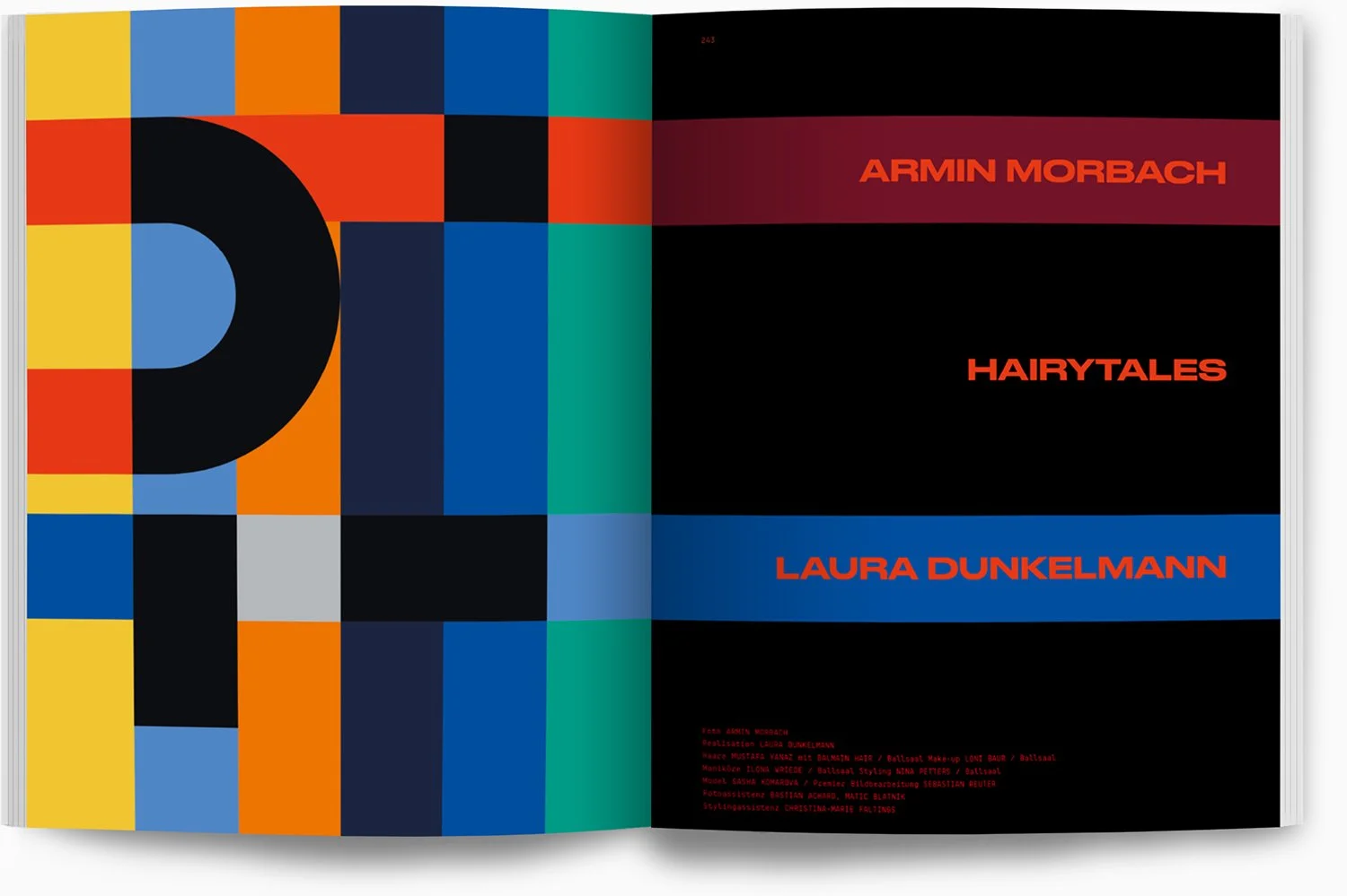 Offenbares Magazin mit bunten Quadraten auf der linken Seite und Text auf der rechten Seite, inklusive Titel 'Hairytales' in rot, Autorenname Armin Morbach, und weitere Details im kleineren Schriftzug.