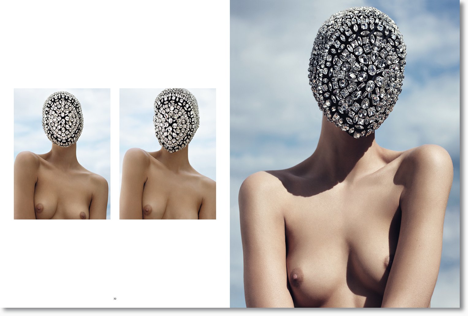 Künstlerisches Bild einer nackten Person mit einem Kopf aus funkelnden Diamanten, Bodysurfer im Himmel, Nahaufnahme, Kunstfotografie.