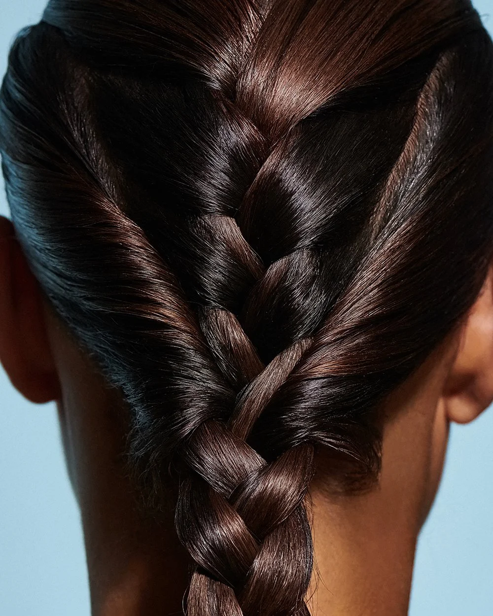 Nahaufnahme eines braunen, glänzenden Haarkränzels mit einer französischen Flechte an der Rückseite eines Kopfes.