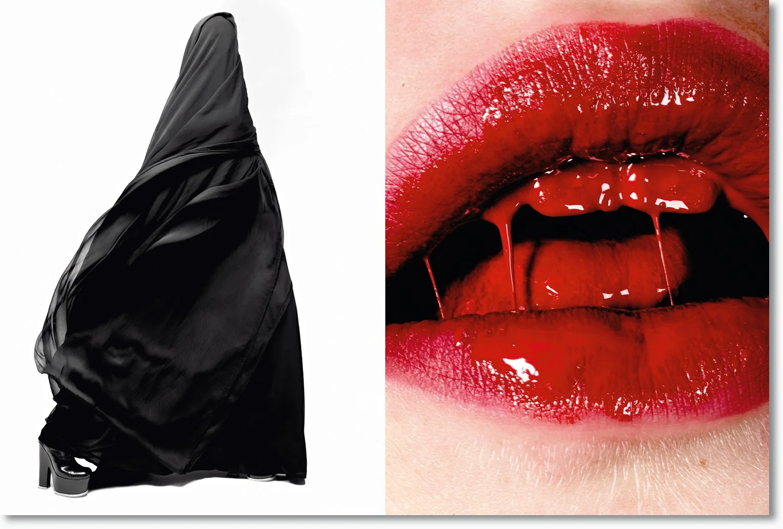 Linke Seite: Ein schwarzer, glänzender, weicher Stoff, der an einem Kleid oder Rock hängt. Rechte Seite: Nahaufnahme von roten, glänzenden Lippen mit rotem Lippenstift, dessen Mund leicht geöffnet ist, mit rotem Lippenbuder, das an den Lippen haftet.