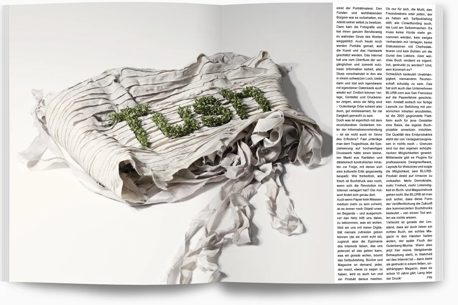 Eine Zeitung, die zu einem unordentlichen Kuchen zusammenrollt ist, bei dem die Buchstaben "F N" mit Pflanzen bedeckt sind, liegt auf einer weißen Oberfläche neben einer Seite mit Text.