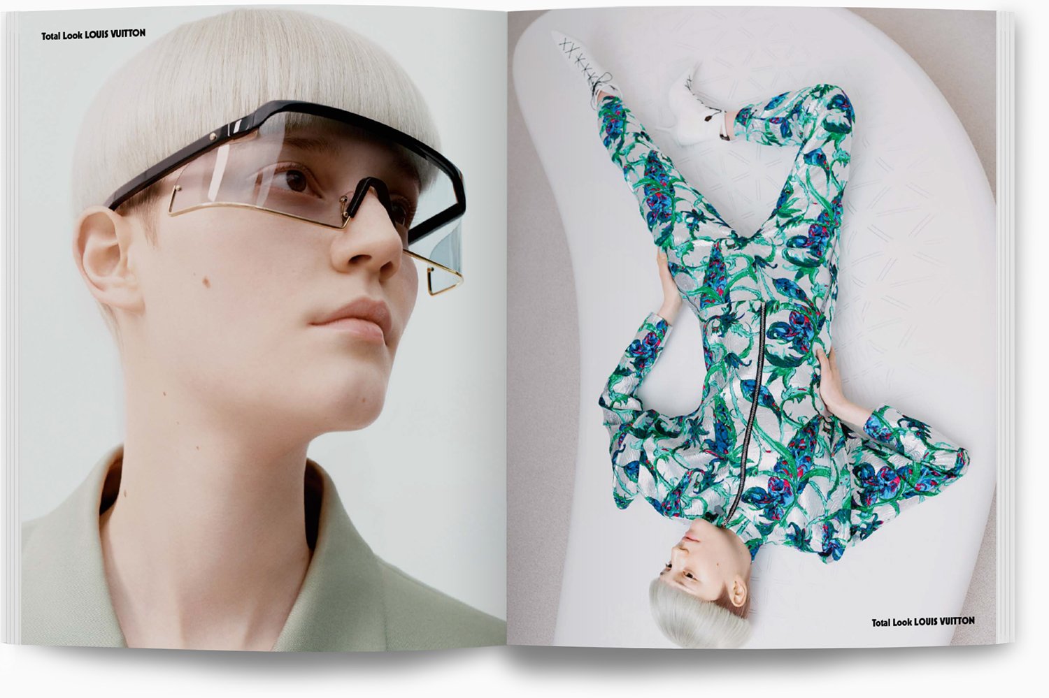 Linke Seite: Nahaufnahme eines jungen Mannes mit kurzem, platinblondem Haar, der eine große, schwarze und goldene Designer-Sonnenbrille trägt. Rechte Seite: Junge Frau mit platinblondem Haar, liegend auf einem weißen Teppich, trägt ein farbenfrohes, 