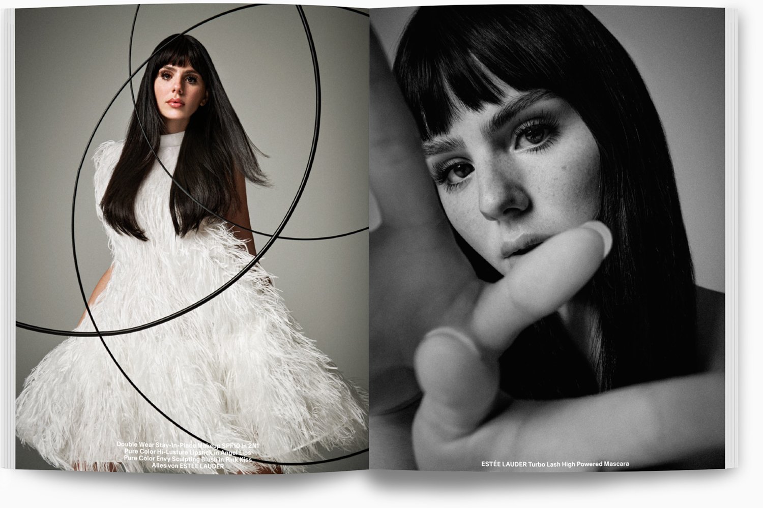 Zwei Frauenporträts, links eine Frau mit langen dunklen Haaren in einem weißen, federartigen Kleid, umgeben von schwarzen Linien, rechts eine schwarz-weiß Nahaufnahme eines Gesichts mit dunklen Haaren und Blick direkt in die Kamera, mit einer Hand im