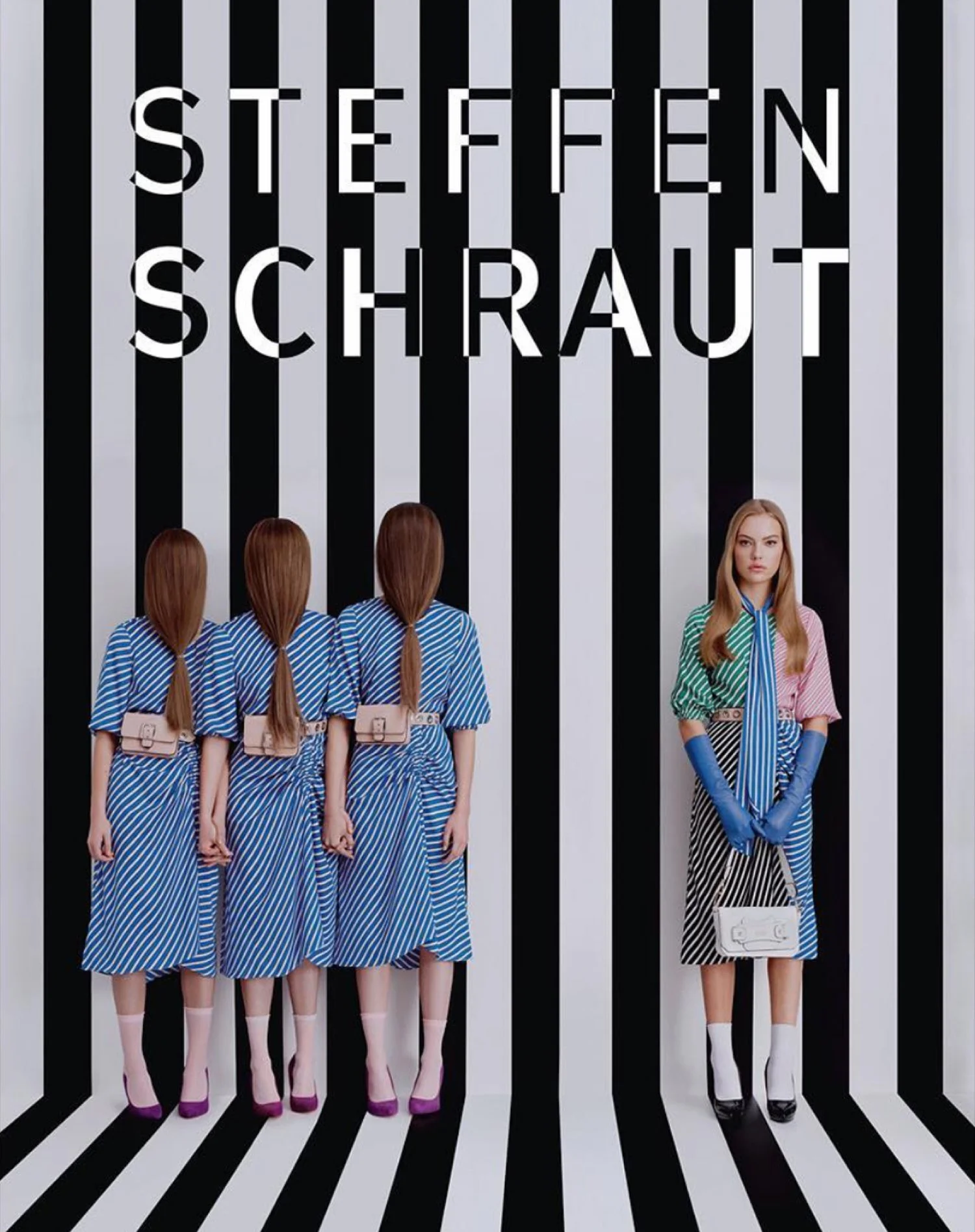Four women wearing blue-striped dresses with their faces obscured against a black and white striped background with the text 'Steffen Schraut' at the top; one woman stands separately on the right side.