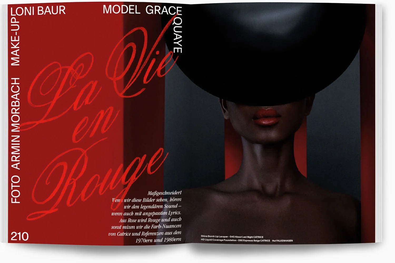 Ein Plakat mit einer schwarzen Frau, die eine große schwarze Frisbee auf dem Kopf trägt. Das Plakat ist in Rot- und Schwarztönen gehalten und enthält andere Textelemente. Der Titel lautet "La Vie en Rouge".