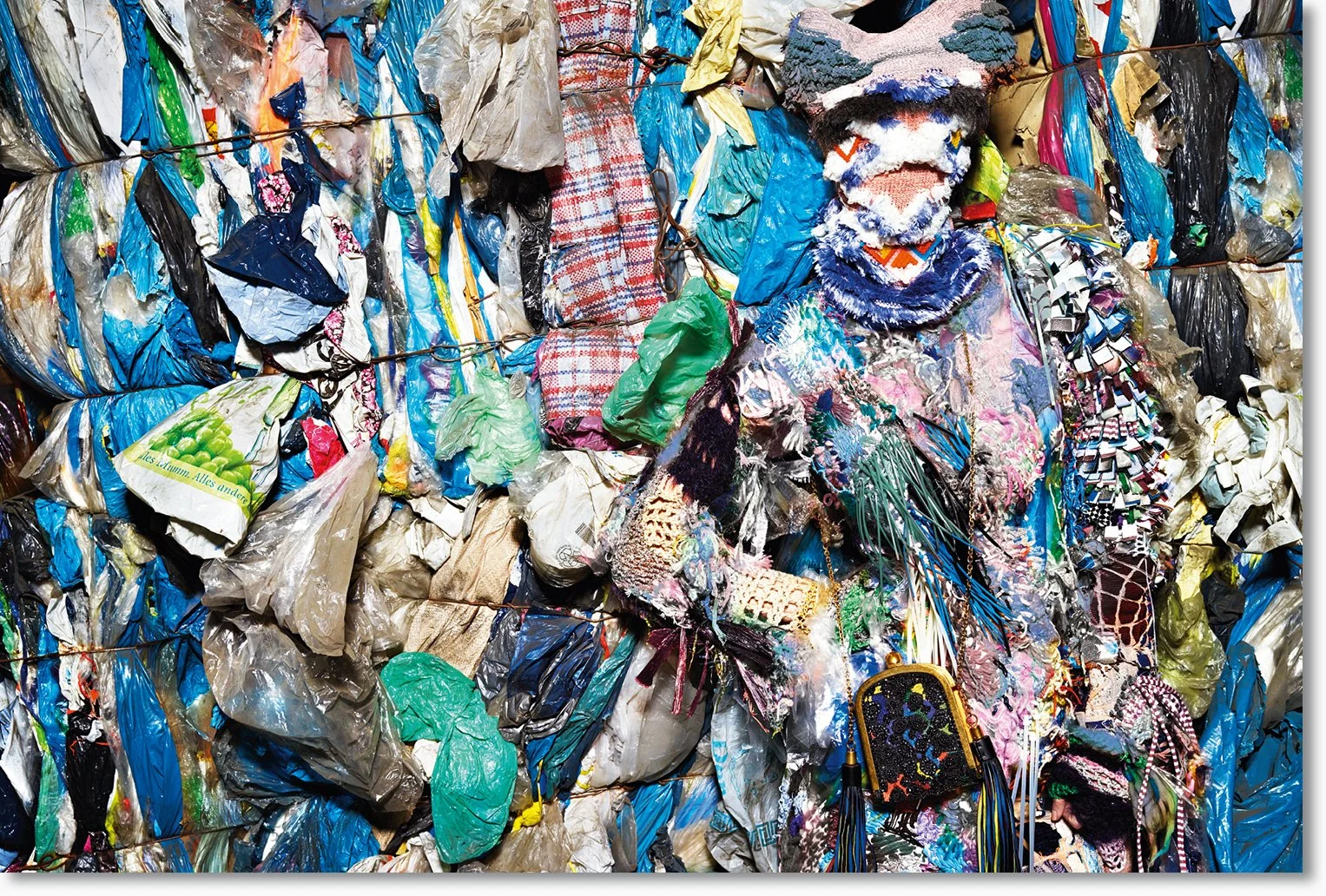 Haufen von zerrissenen Plastik- und Stoffresten, die in einem Recycling- oder Abfalllager liegen.