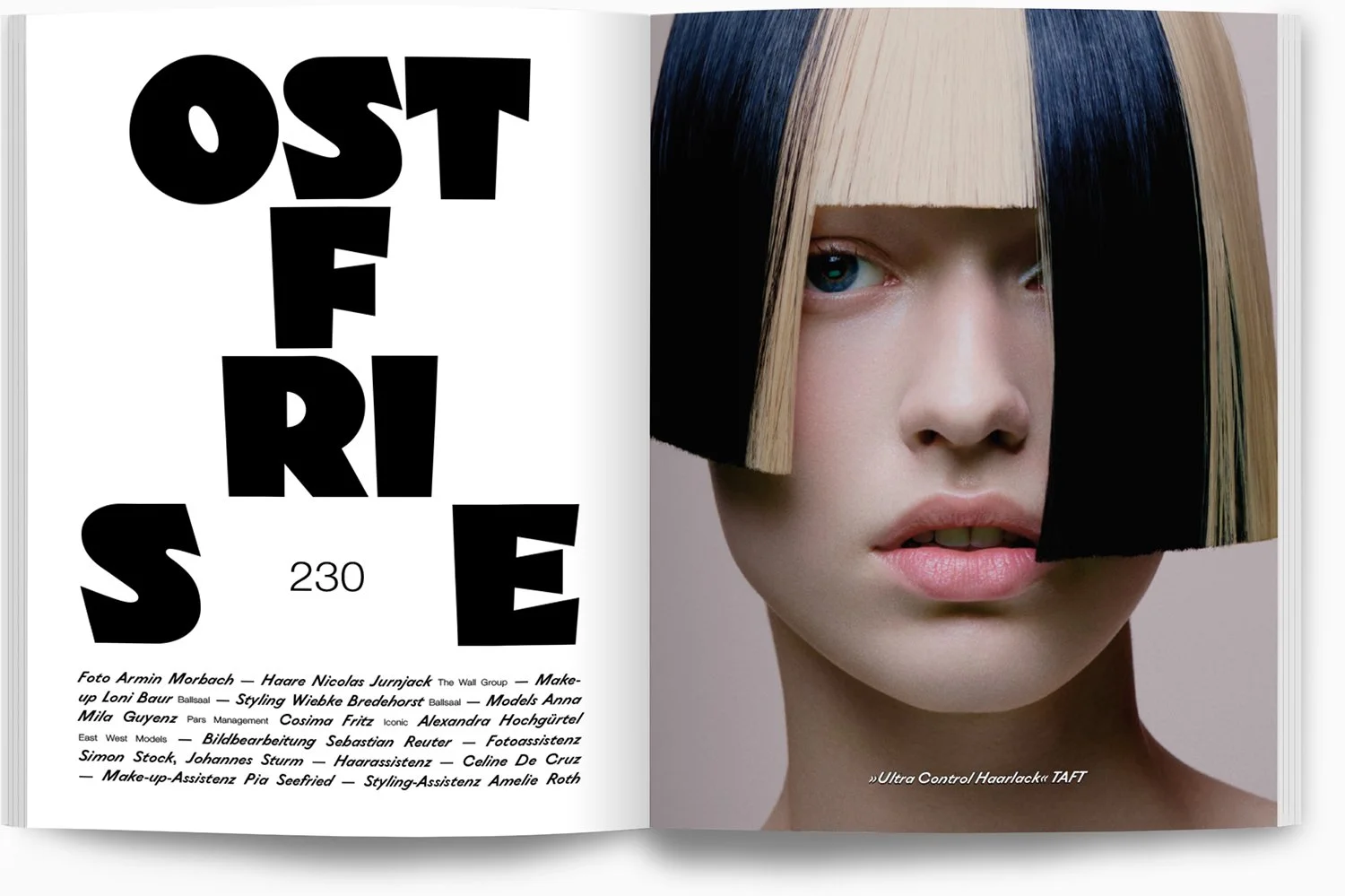 Eine doppelseitige Magazinseite mit dem Titel 'OSTFREISE' in großen schwarzen Buchstaben auf der linken Seite und einem Porträt eines Mädchens mit Schwarz-Weiß-Karos-Musterhaare auf der rechten Seite.