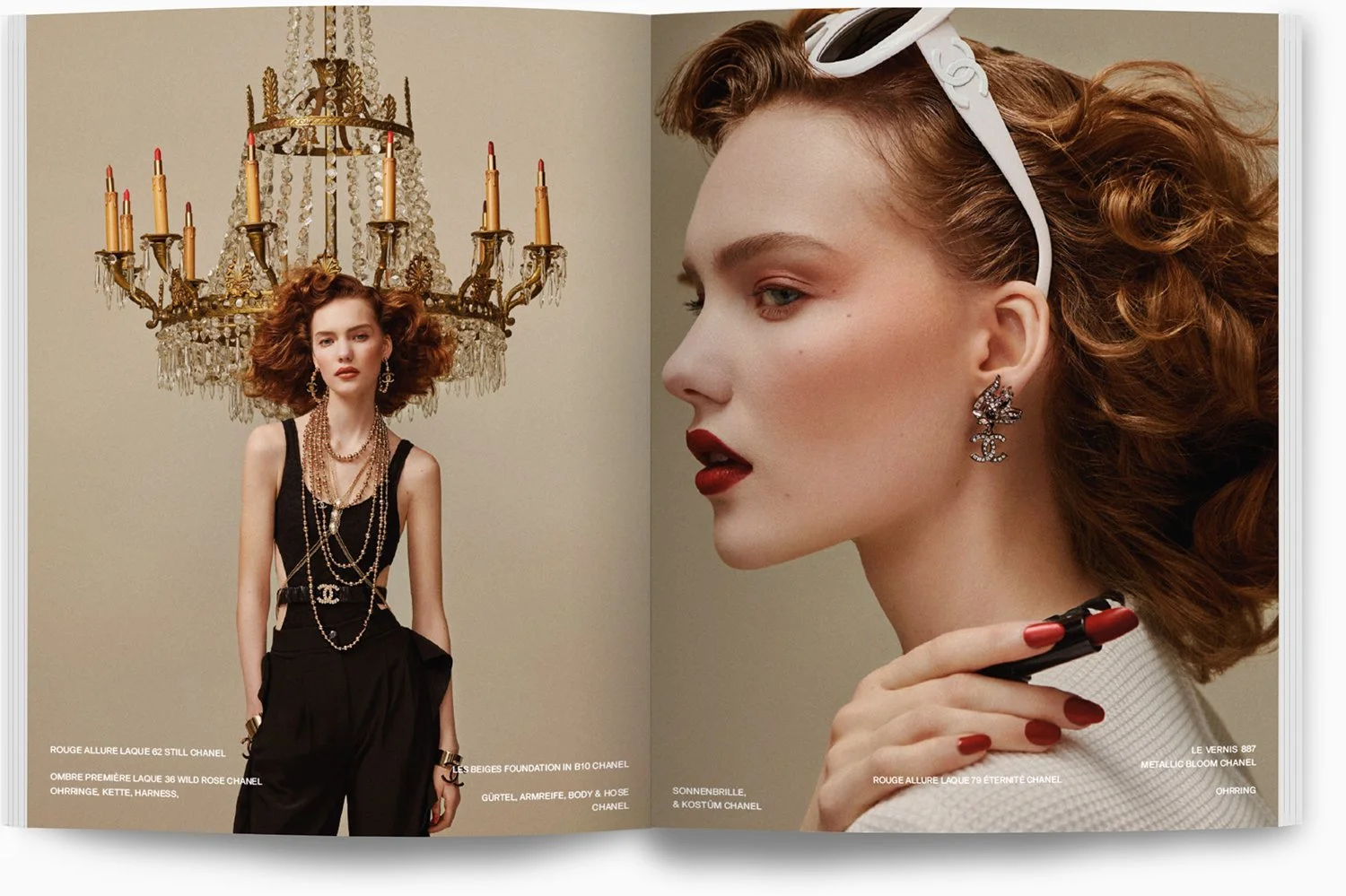 Zweibild: Linkes Bild zeigt eine Frau in einem schwarzen Kleid mit mehreren Schmuckstücken und einer goldenen Chandelier im Hintergrund. Rechtes Bild ist eine Nahaufnahme ihres Gesichts mit rotem Lippenstift, Schmuck und roten Nägeln.