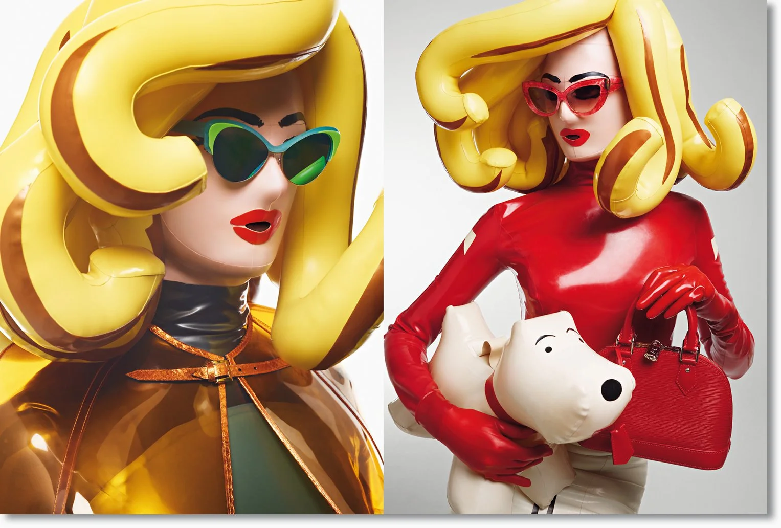 Kunstvolle Figuren im Kleid mit großen, gelben, ballonartigen Haaren, Sonnenbrillen und modischen Accessoires, inspiriert von Comic-Charakteren.