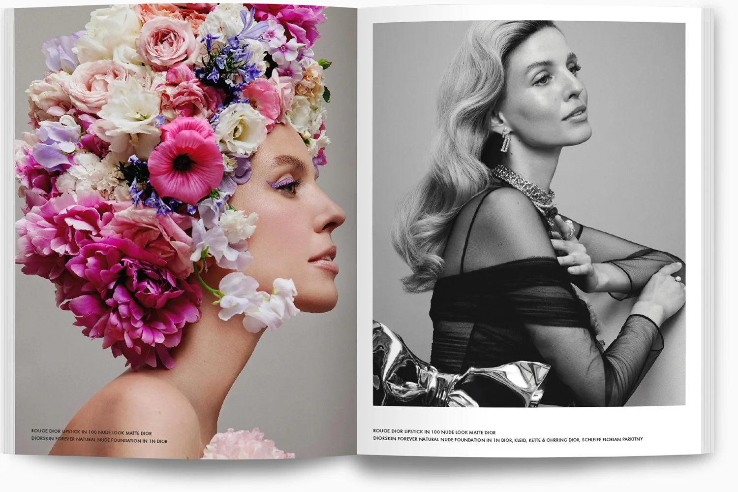 Linke Seite: Frau mit Kopf voller Blumen in Pastellfarben, Make-up mit lila Akzent. Rechte Seite: Schwarze und weiße Schwarz-Weiß-Fotografie einer Frau mit blonden, gewellten Haaren, eleganter Kleidung und Schmuck.