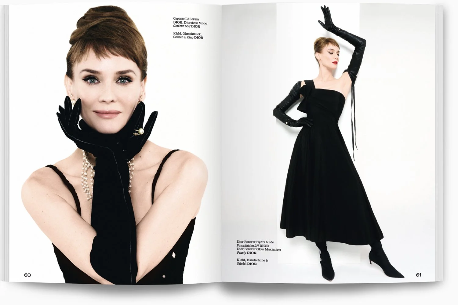 Doppelporträt von einer Frau in eleganter schwarzer Abendgarderobe mit Perlenschmuck und schwarzen Handschuhen, umrahmt von Produktbeschreibungen für Dior-Mode und Accessoires.