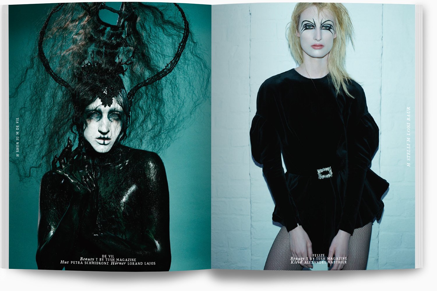 Zwei Fotos von Frauen in schwarzer Kleidung, eine mit avantgardistischer Make-up- und Haarstyling, die andere mit natürlicherem Styling, jeweils in einem Magazin veröffentlicht.