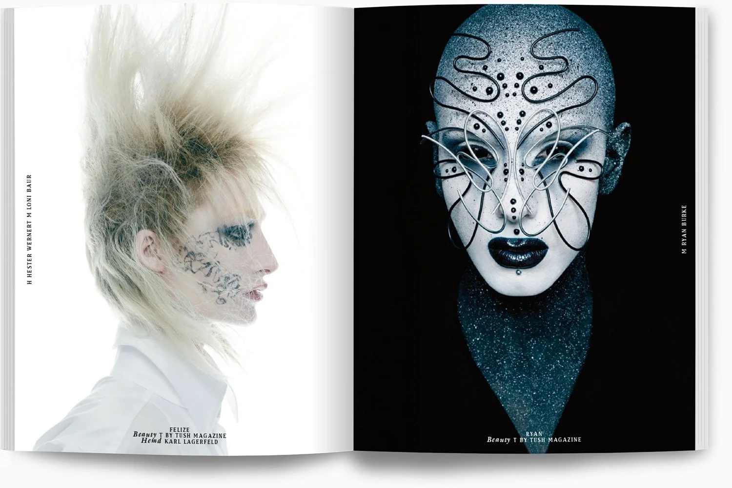 Zwei künstlerische Porträts von Modellen mit auffälligen Looks; links ein Modell mit blondem, voluminösem Haar und Tattoo-Kunst auf dem Gesicht, rechts ein Modell mit glatter, tematastischer Haut und einer Maske aus schwarzen Linien und Punkten.