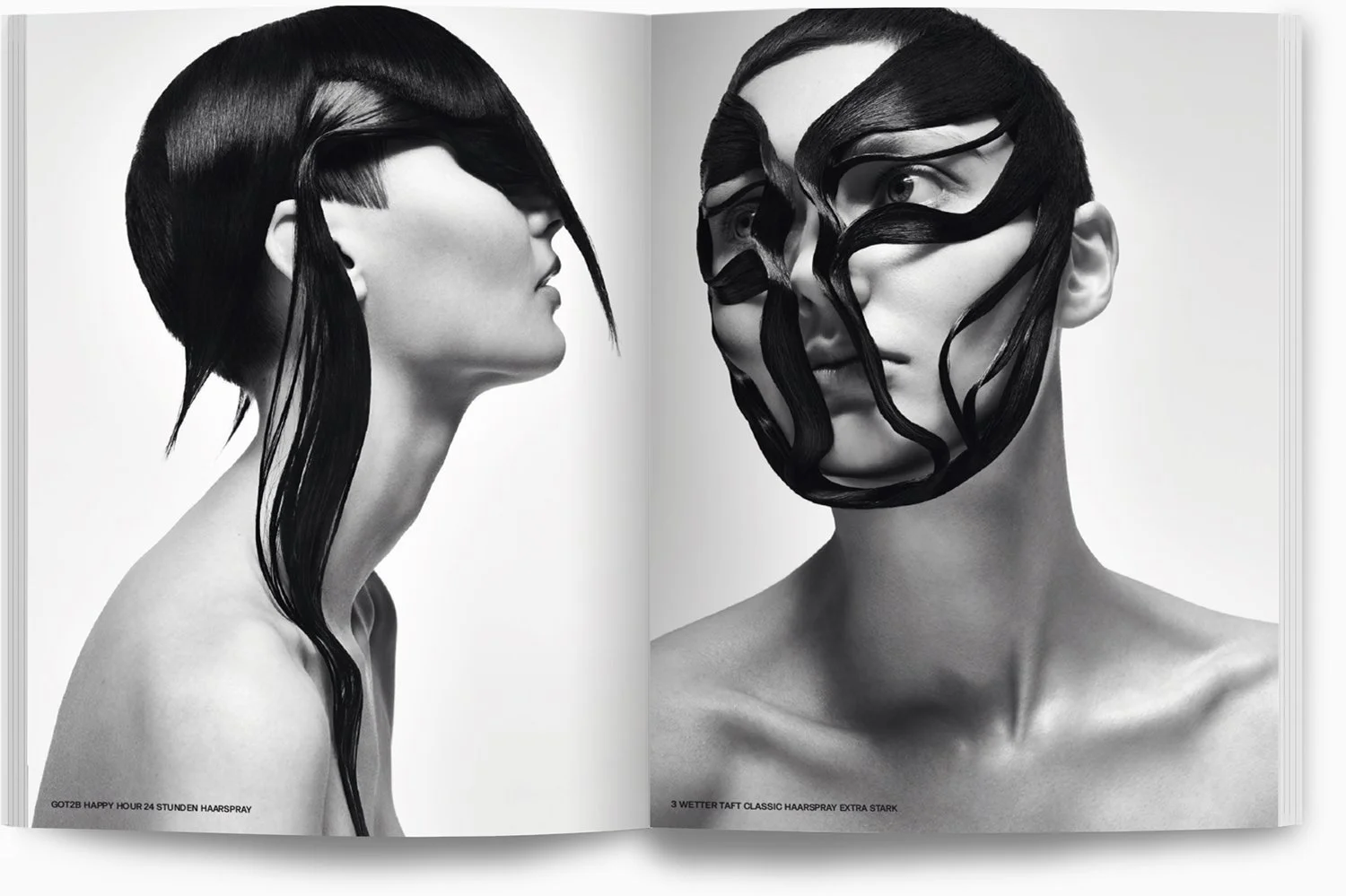 Zwei Frauen mit schwarzem, kunstvoll gestaltetem Haar. Die linke Frau ist im Profil sichtbar, ihre Haare sind glatt und teilweise schräg geschnitten. Die rechte Frau schaut frontal, ihre Haare sind in einem dekorativen, maskenartigen Muster um ihr Ge