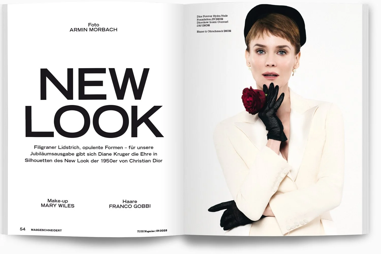 Doppelseite eines Magazins mit einem Model auf der rechten Seite, das eine schwarze Baskenmütze, schwarze Netzhandschuhe und ein cremefarbenes Kleid trägt, sie hält eine rote Rose an ihr Kinn. Die linke Seite zeigt den Titel "NEW LOOK" und Text über 