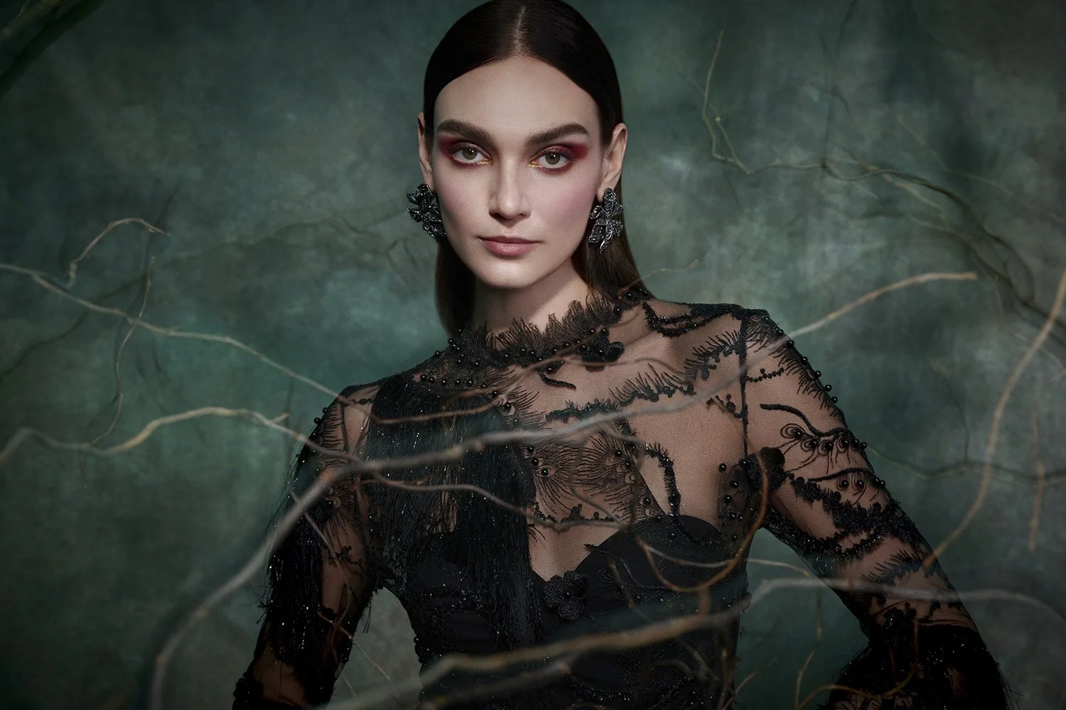 A woman with dark brown hair and makeup wearing a black sheer embroidered dress, looking directly at the camera with a blurred greenish background and decorative branches in the foreground.