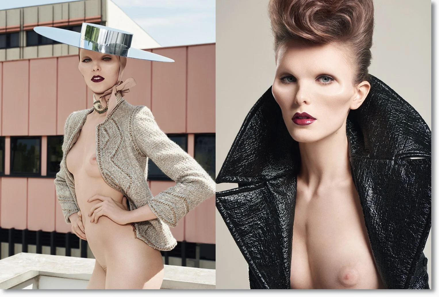 Zwei Frauen in modischer Kleidung, eine strahlt Selbstvertrauen aus, die andere trägt einen schwarzen, glänzenden Mantel mit breitem Kragen.