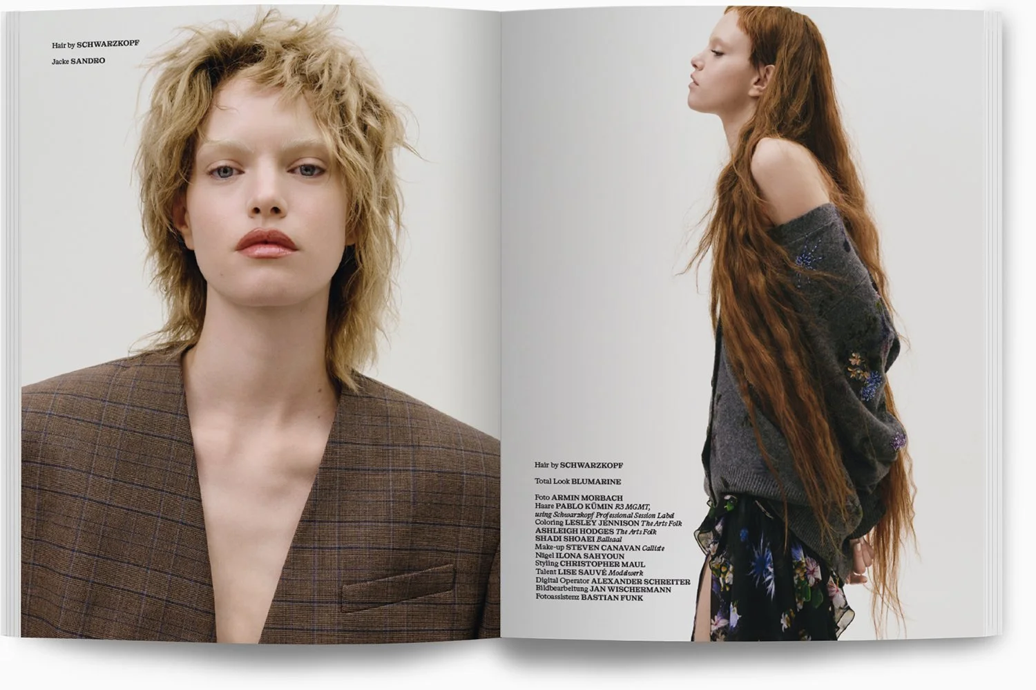 Zwei Models mit unterschiedlichen Frisuren und Outfits auf einer Mode-Seite, Text über Haare und Styling