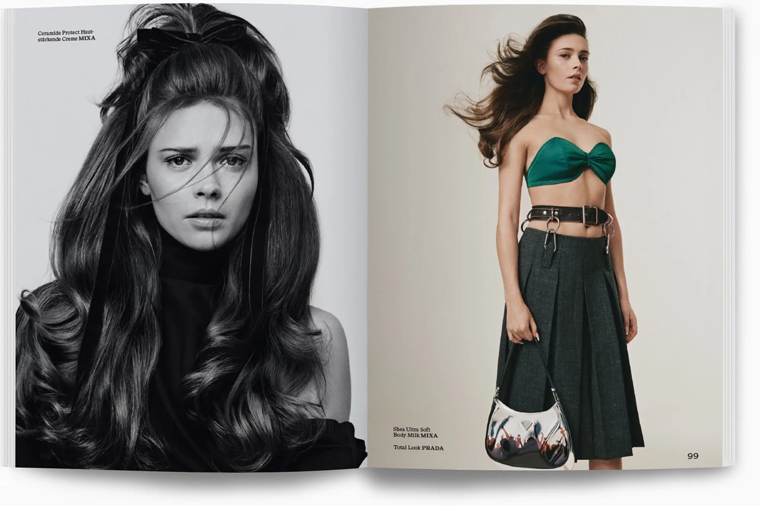 Doppelbild mit auf der linken Seite ein schwarweißes Portrait einer jungen Frau mit vollem, lockigem Haar, auf der rechten Seite eine junge Frau in einem grünen Oberteil, schwarzen Rock und Handtasche, vor neutralem Hintergrund.