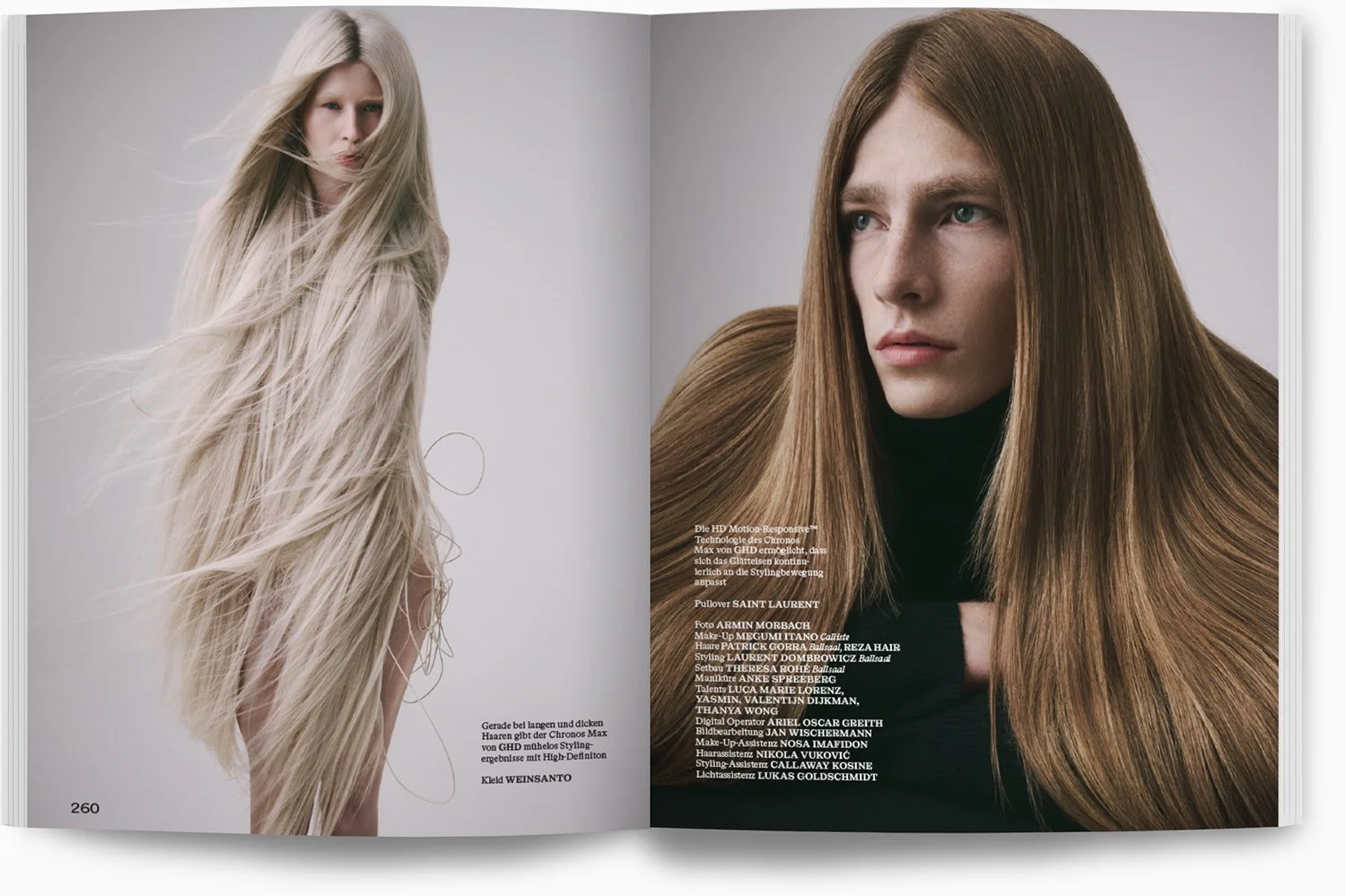 Zwei Model-Fotografien: links ein Mädchen mit langen, glatten, blonden Haaren, rechts ein Mann mit langen, glatten, braunen Haaren. Text mit Model- und Fotoinformationen auf der rechten Seite.