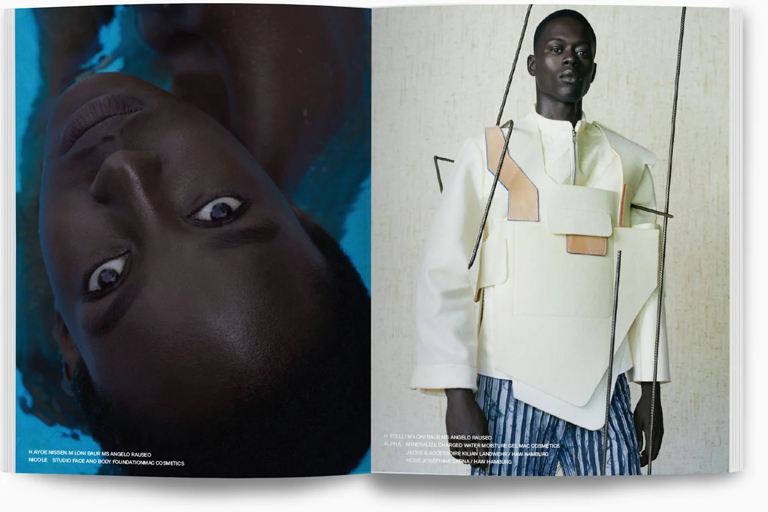 Das Bild zeigt zwei Menschen, auf der linken Seite ein Nahaufnahme eines schwarzen Mädchens mit einem ruhigen Gesichtsausdruck, auf der rechten Seite ein Model in extravaganten, modernen Kleidungsstücken vor neutralem Hintergrund.