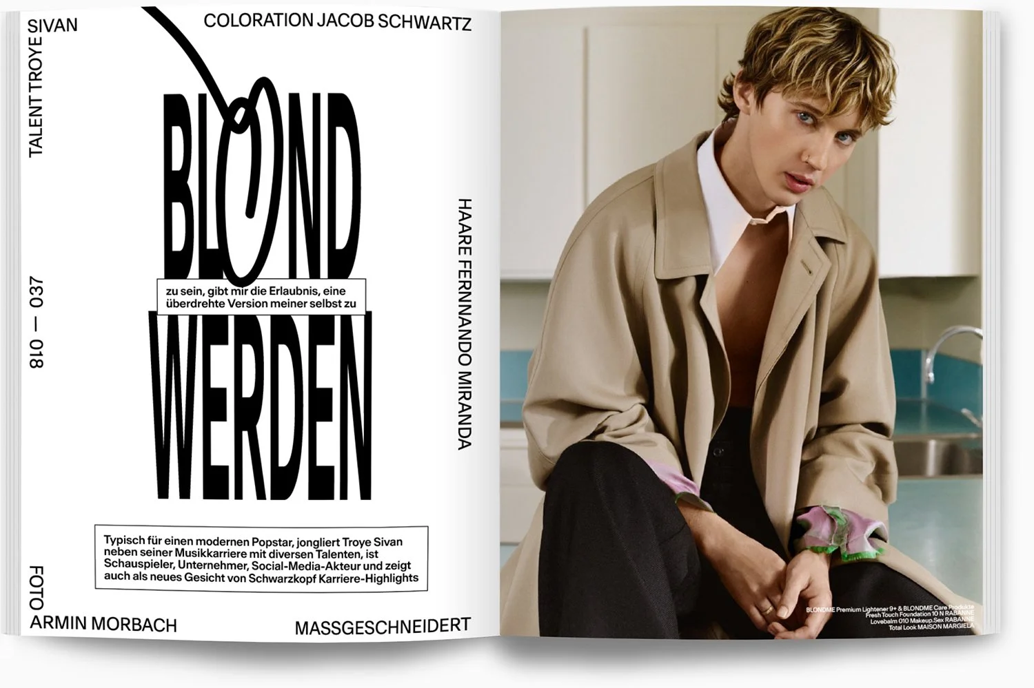 Buchcover mit dem Titel 'Blonde werden' neben einem Porträt eines jungen Mannes mit blonden, lockigen Haaren, der in einer Küche sitzt und eine beige Jacke trägt.