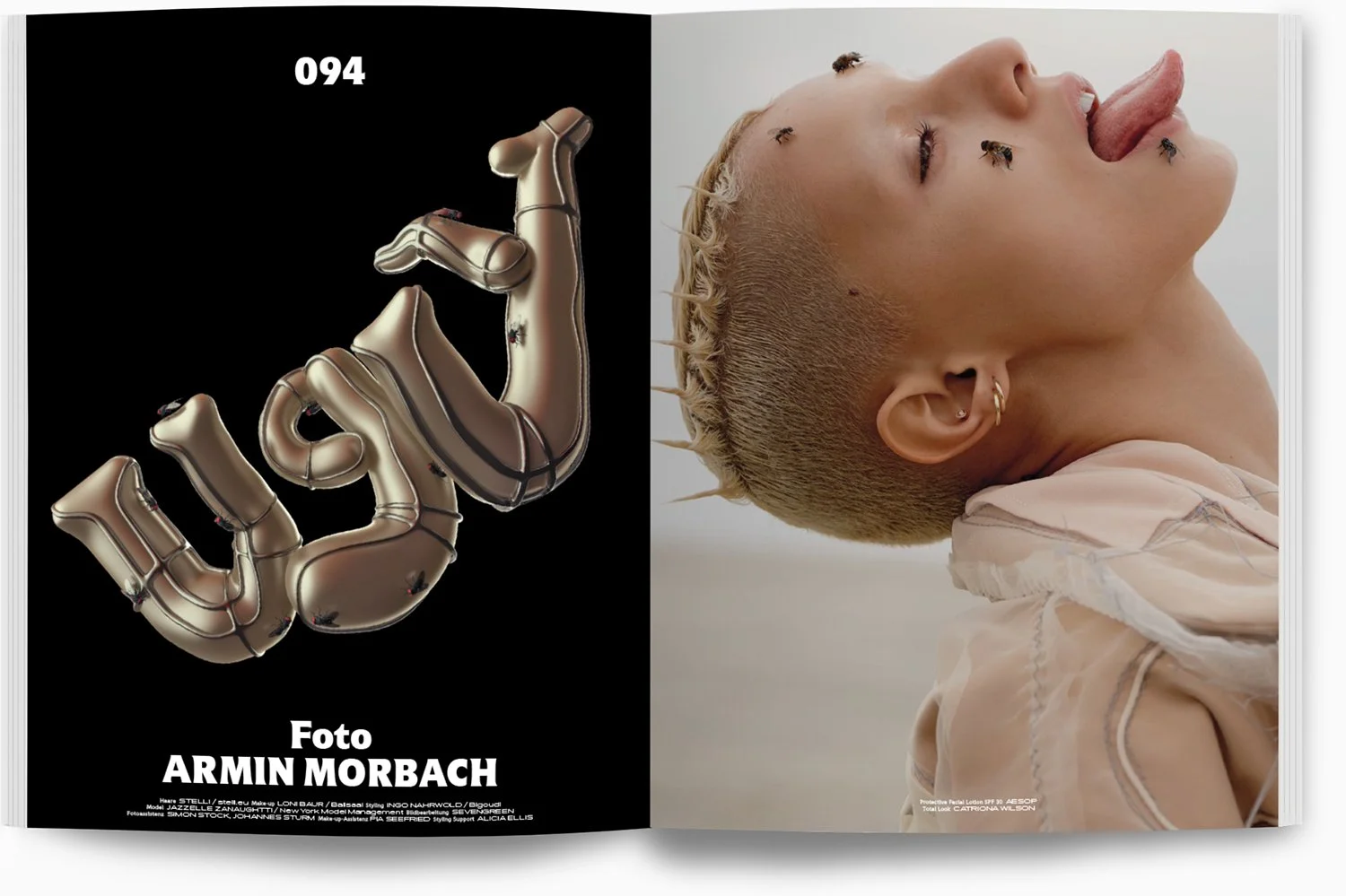 Linke Seite: Schwarzes Cover mit einer 3D-illustration eines in Silber gehaltenen Handschuhs, darüber eine Zahl 094. Unten steht in weiß: 'Foto ARMIN MORBACH'. Rechte Seite: Nahaufnahme eines Menschen mit kurzen, blond gefärbten Haaren, Zunge herauss