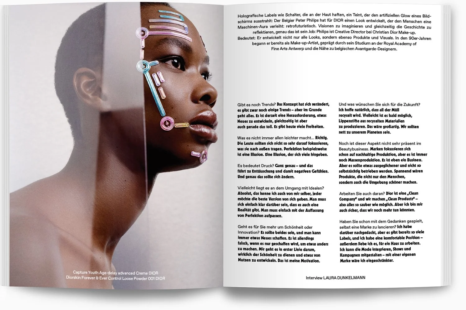 Fotografie eines schwarzen Mädchens mit Neon-LED-Schmuck an der Seite ihres Gesichts, das nach rechts blickt, mit einem Text auf der rechten Seite, der ein Interview mit Designer Peter Philips über Trends, Innovationen und Nachhaltigkeit in der Schön