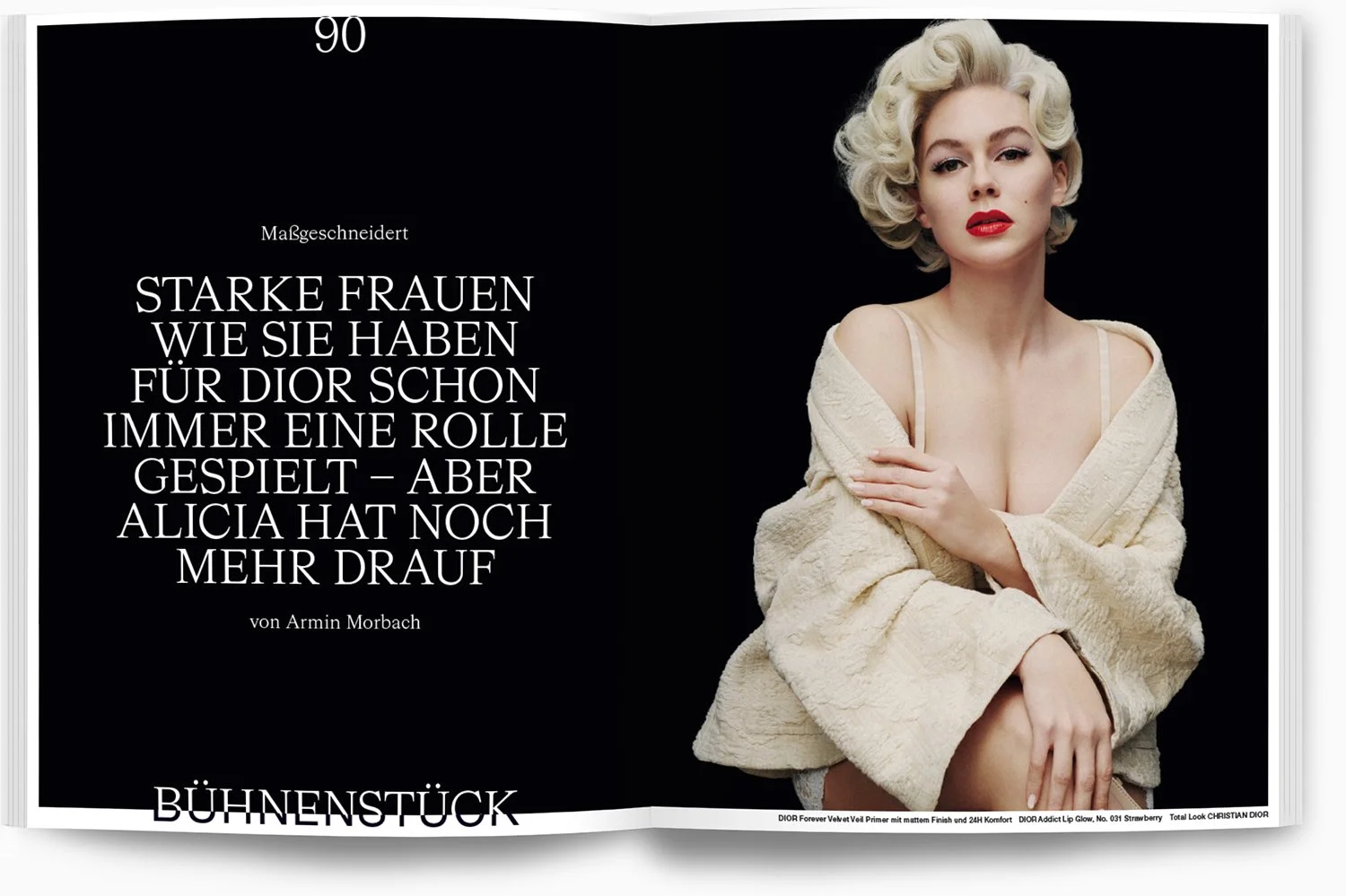 Porträt einer blonden Frau mit rotem Lippenstift, trägt ein off-shoulder Kleid und eine weiße Pelzjacke, vor schwarzem Hintergrund, neben weißen Text auf schwarzem Hintergrund, Text in Deutsch.