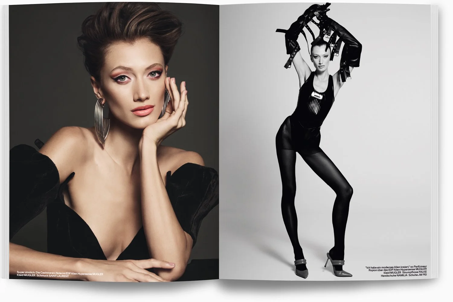 Zwei Models in Schwarz: die linke Pose ist ein Porträt einer Frau mit großen Ohrringen, elegante Kleidung, während die rechte Pose eine Frau in einem futuristischen schwarzen Outfit mit Pantyhose und hohen Schuhen zeigt, die in einer künstlerischen, 