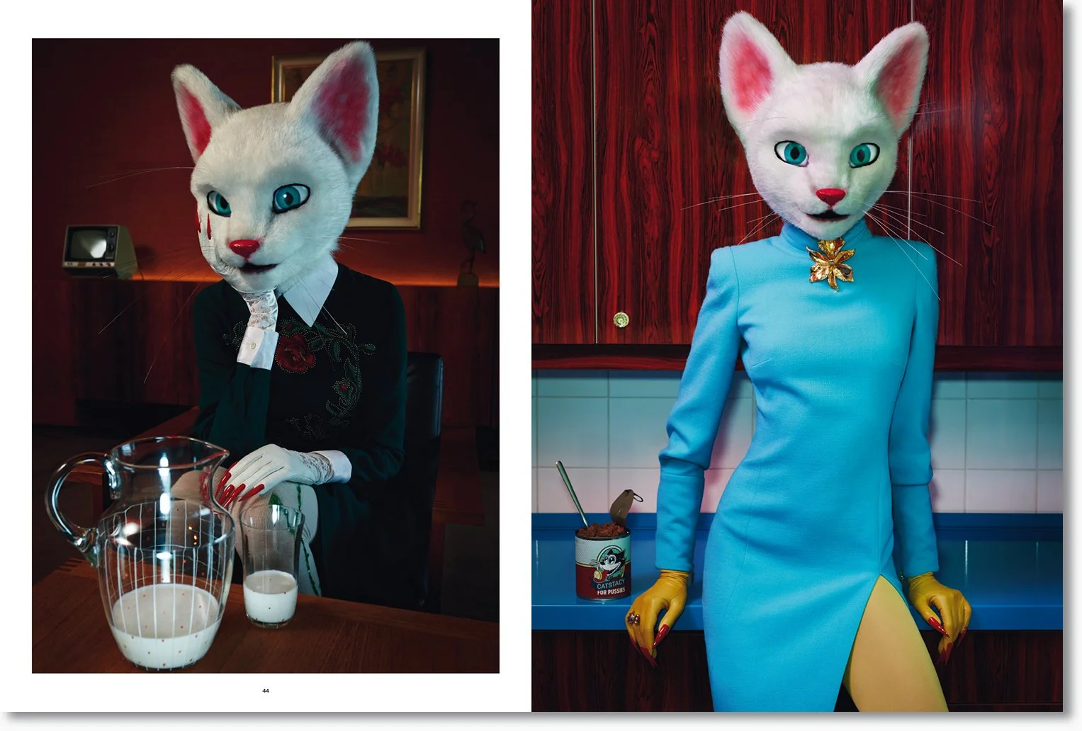 Zwei Frauen tragen maskierte Catwoman-Köpfe. Die Frau auf der linken Seite sitzt an einem Tisch mit Milchprodukten, trägt ein schwarzes Kleid mit Blumenmuster. Die Frau auf der rechten Seite steht vor einer Holzpaneele mit blauer Krankenschwester-Uni