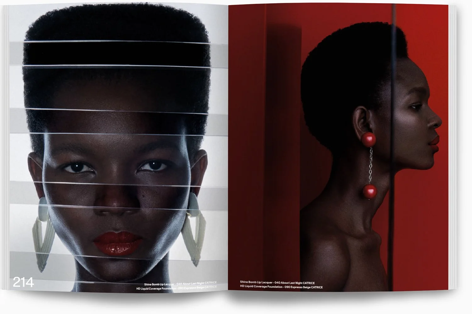 Doppelporträt einer schwarzen Frau, links mit kurzen, lockigen Haaren und weißen Ohrringen, rechts in Profilansicht mit einem knallroten Hintergrund, roten Ohrringen und Kette.